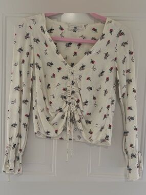 Urban Outfitters Cream Floral Ruched Drawstring V-Neck Blouse